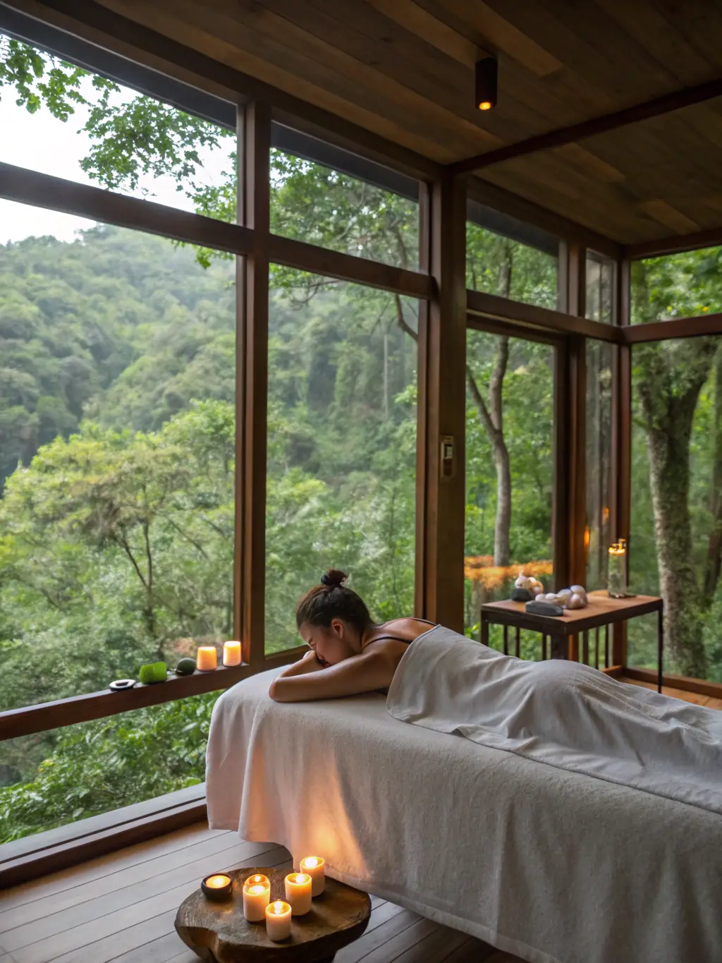 A woman relaxing during a massage at Reflections Spa, with soft lighting and calming music in the background. The image conveys the spa's focus on relaxation and rejuvenation.