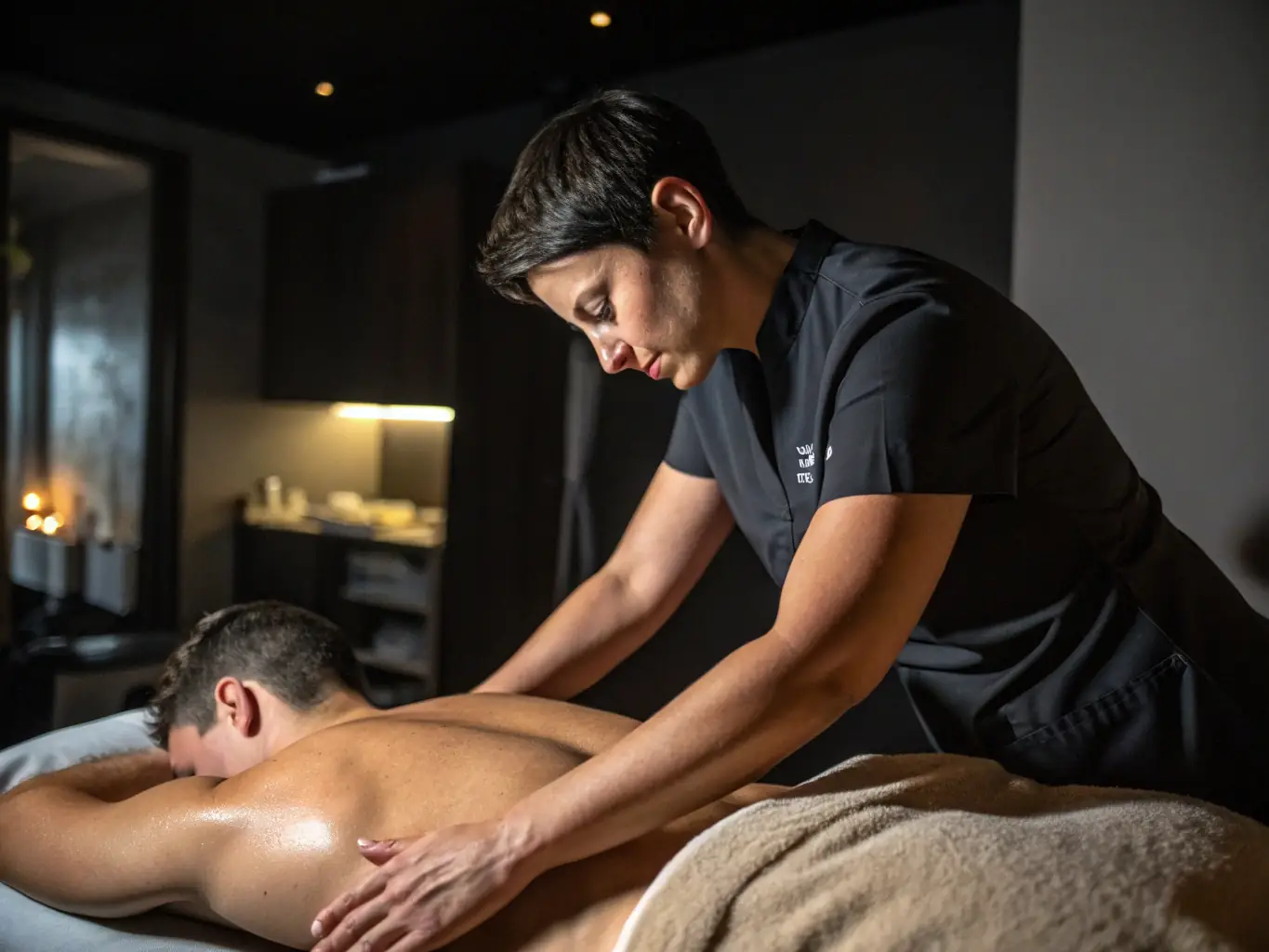 A serene image of a massage therapist gently working on a client's back in a dimly lit room, emphasizing relaxation and muscle relief.