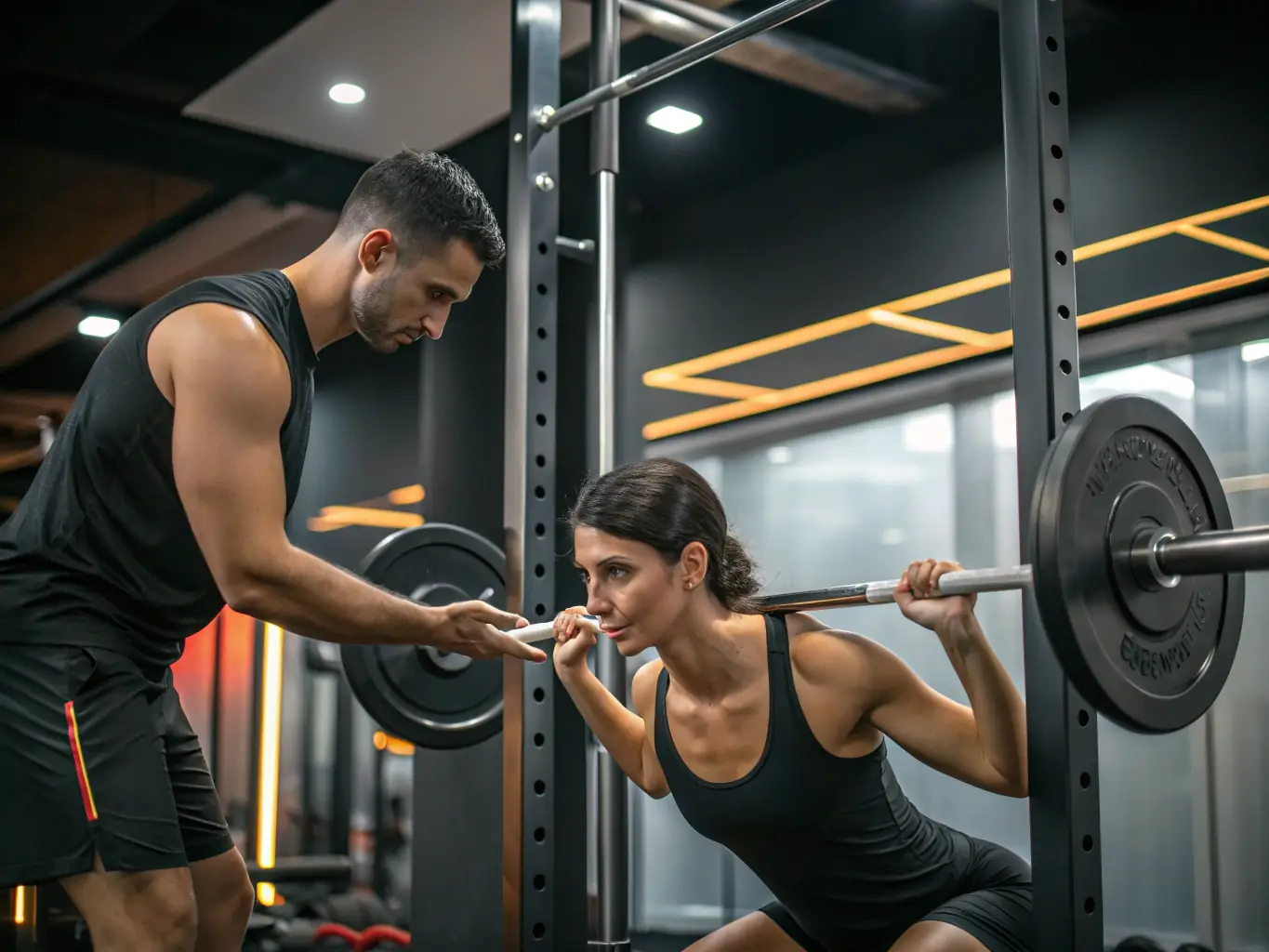A personal trainer guiding a client through a weight training exercise at Reflections Spa's fitness center.
