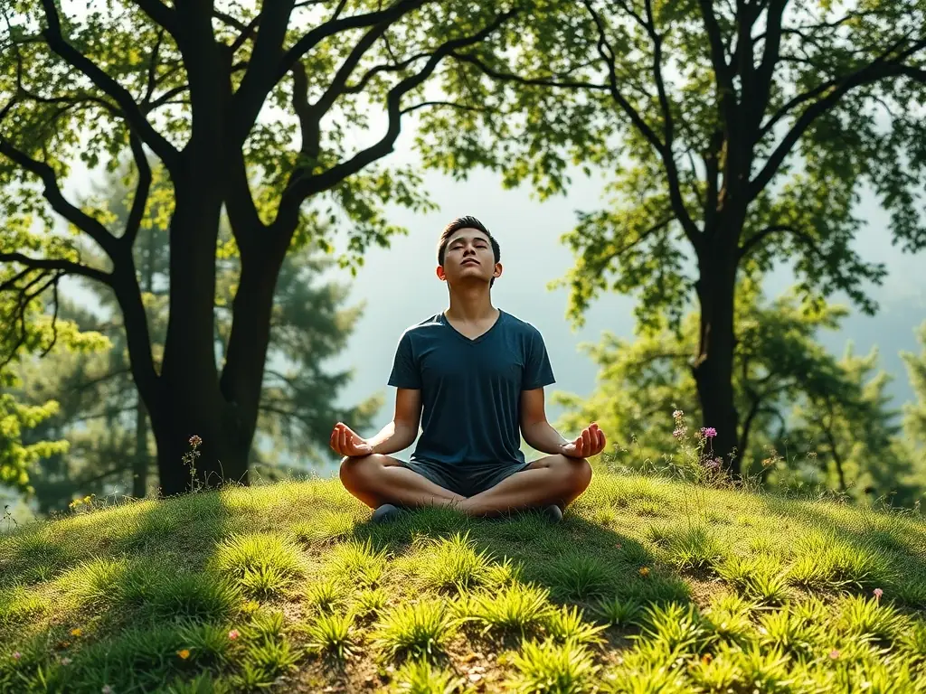 A calming image of a person meditating in a peaceful setting, symbolizing stress reduction and mental clarity.