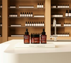 Three skincare bottles and jar on display